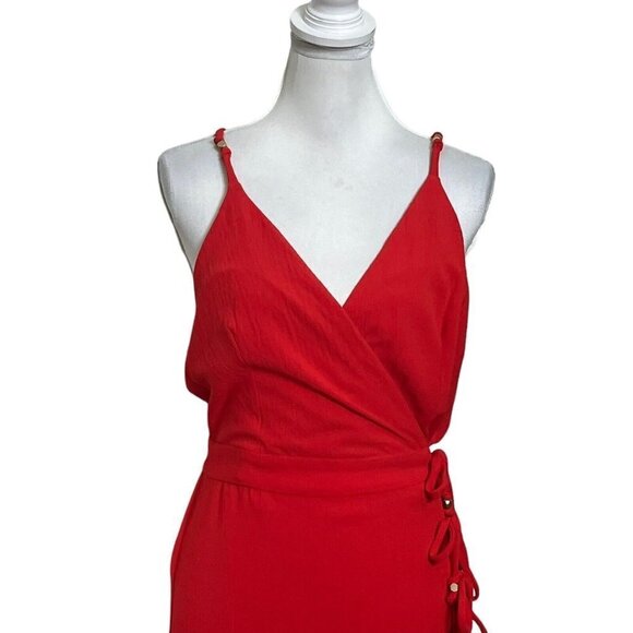 Vix Paula Hermanny Cyndi Wrap Midi Dress Women’s Size Large Red Crinkled Voile - Picture 3 of 16